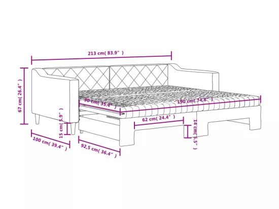 Lit de jour avec gigogne et matelas gris clair 90x190 cm tissu