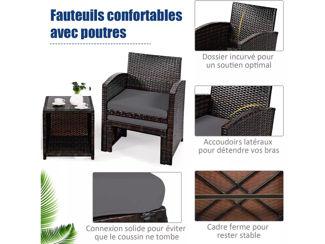 Ensemble Meuble de Salon 5PCS avec Coussins, Salon de Jardin en Rotin et fibre naturelle PE pour Véranda, Patio, Balcon, Piscine, Terrasse, Marron