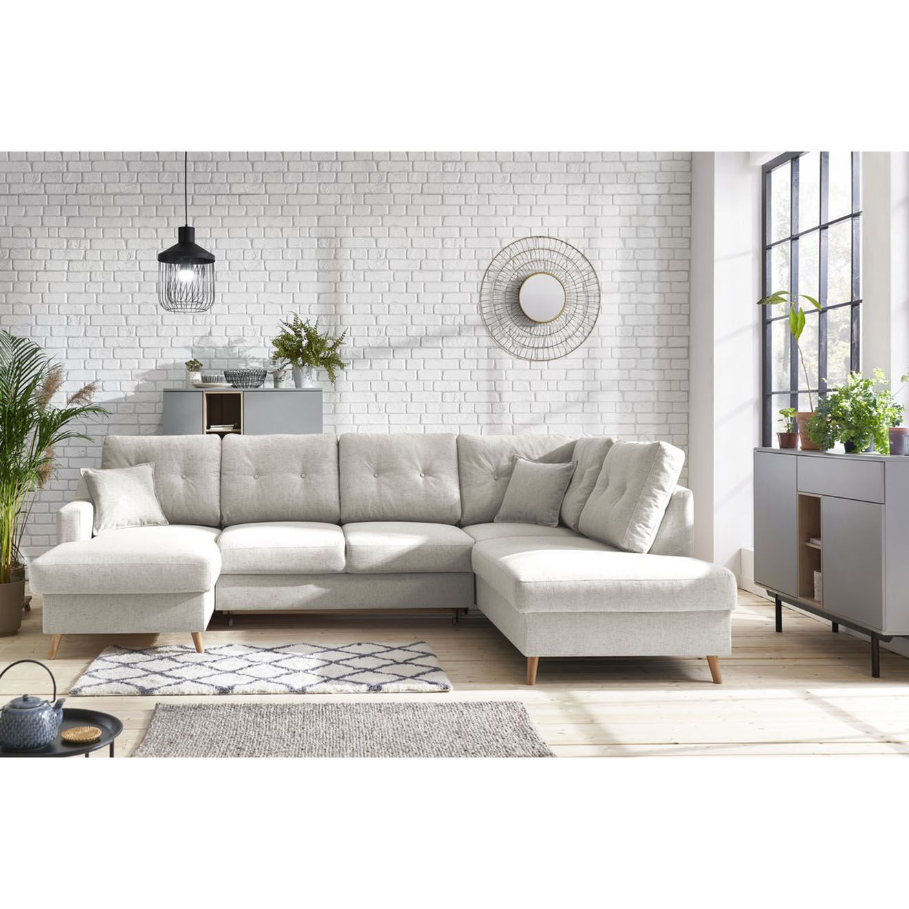 Bobochic Canapé d'angle panoramique convertible gauche Sweden lin beige - 300x149/90/198x95 cm