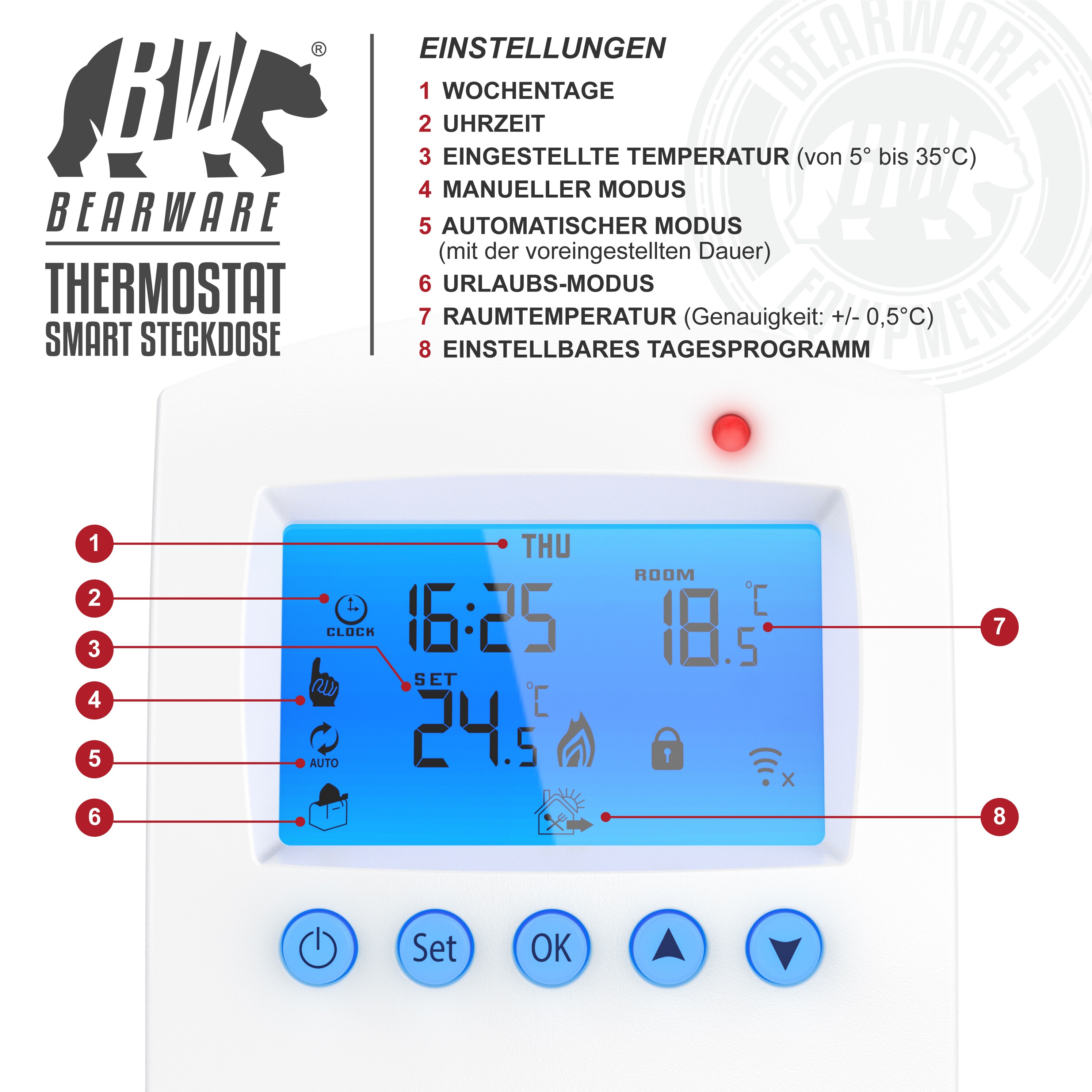 BEARWARE WLAN Thermostat Steckdose - Steckdosenthermostat - WiFi Smart Life, TUYA - für Heizgeräte - mit Share-Funktion - 5°-35°C