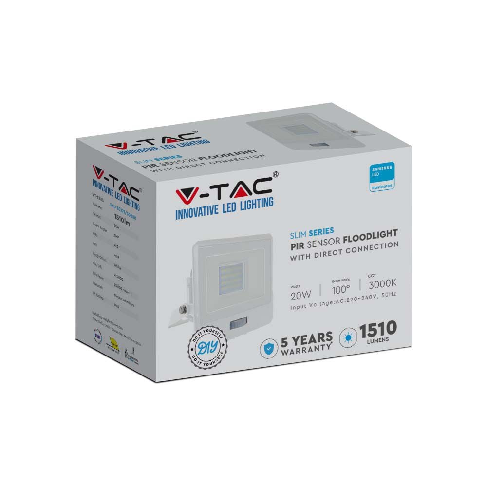 LED-schijnwerper met PIR-sensor - Samsung - IP65 - Wit - 20W - 1510 lumen - 6500K - 5 jaar - Modelnr.: VT-128S-W