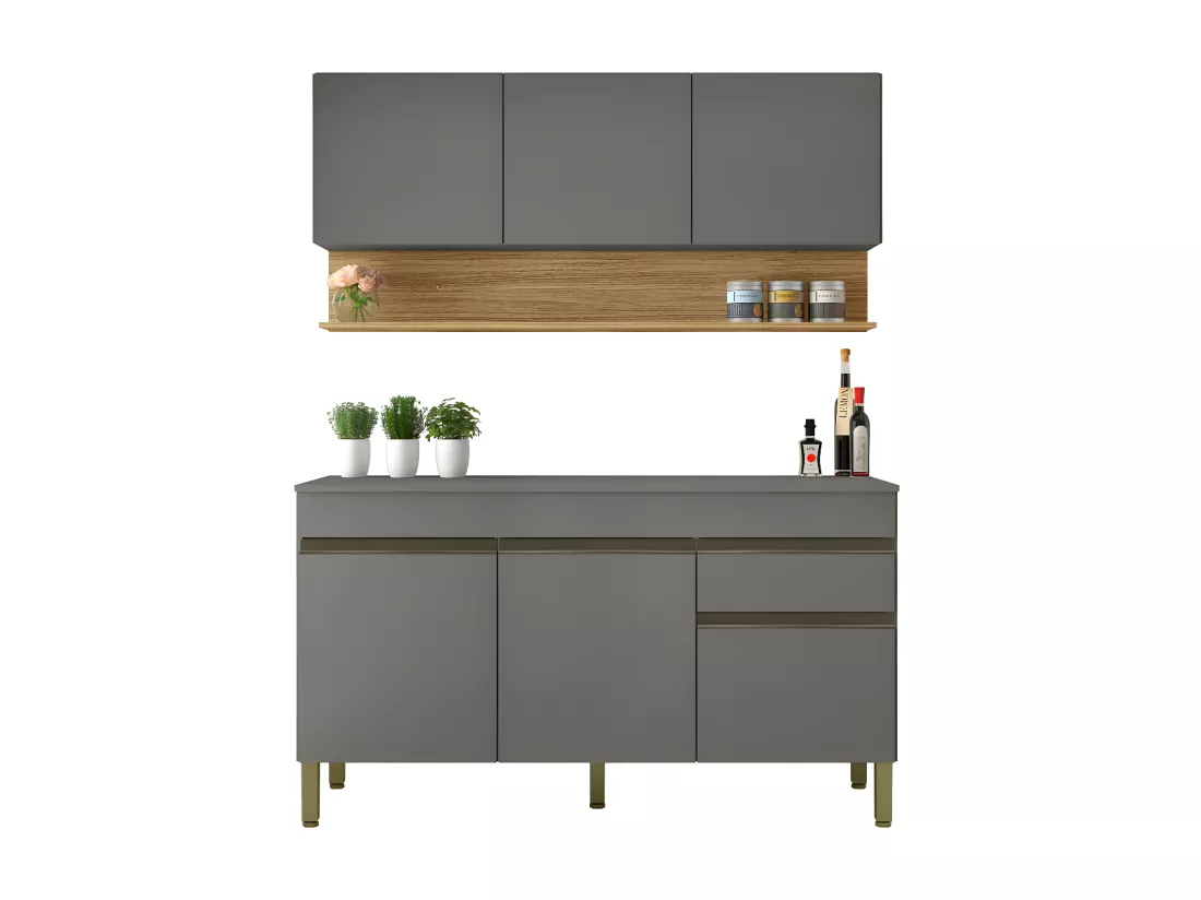 Cuisine Equipée 6 Portes 1 Tiroir Chêne et Gris L 120 H 200 P 53.3 cm