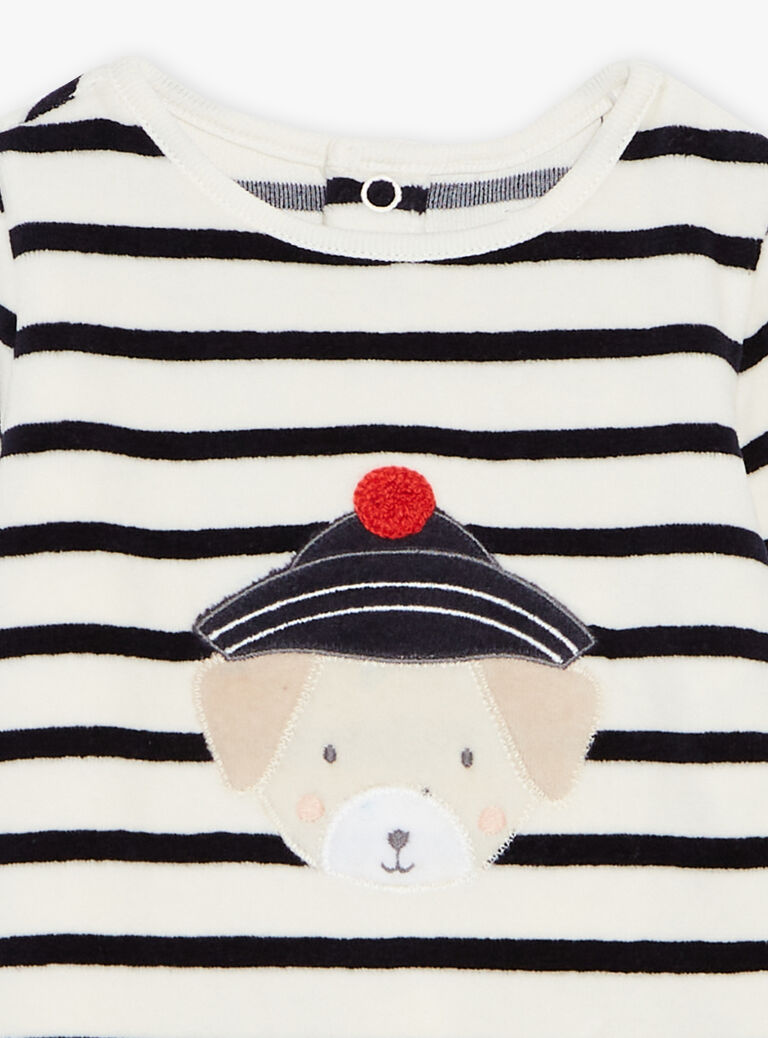 Pyjama deux pièces beige clair chiné en velours avec broderie tête de chien