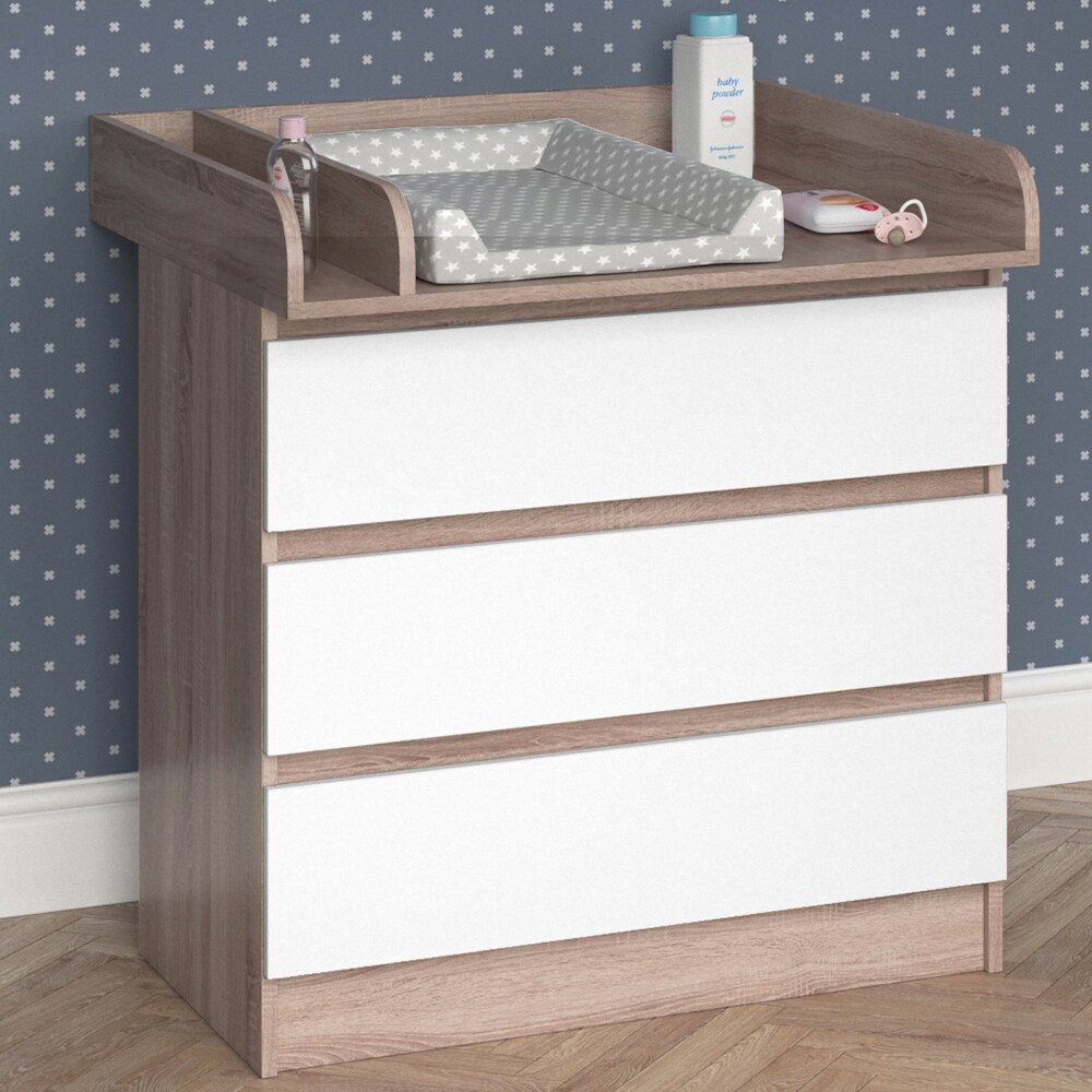 Vicco Wickelkommode Wickeltisch Kommode mit 3 Schubladen Emma Weiß Sonoma Baby