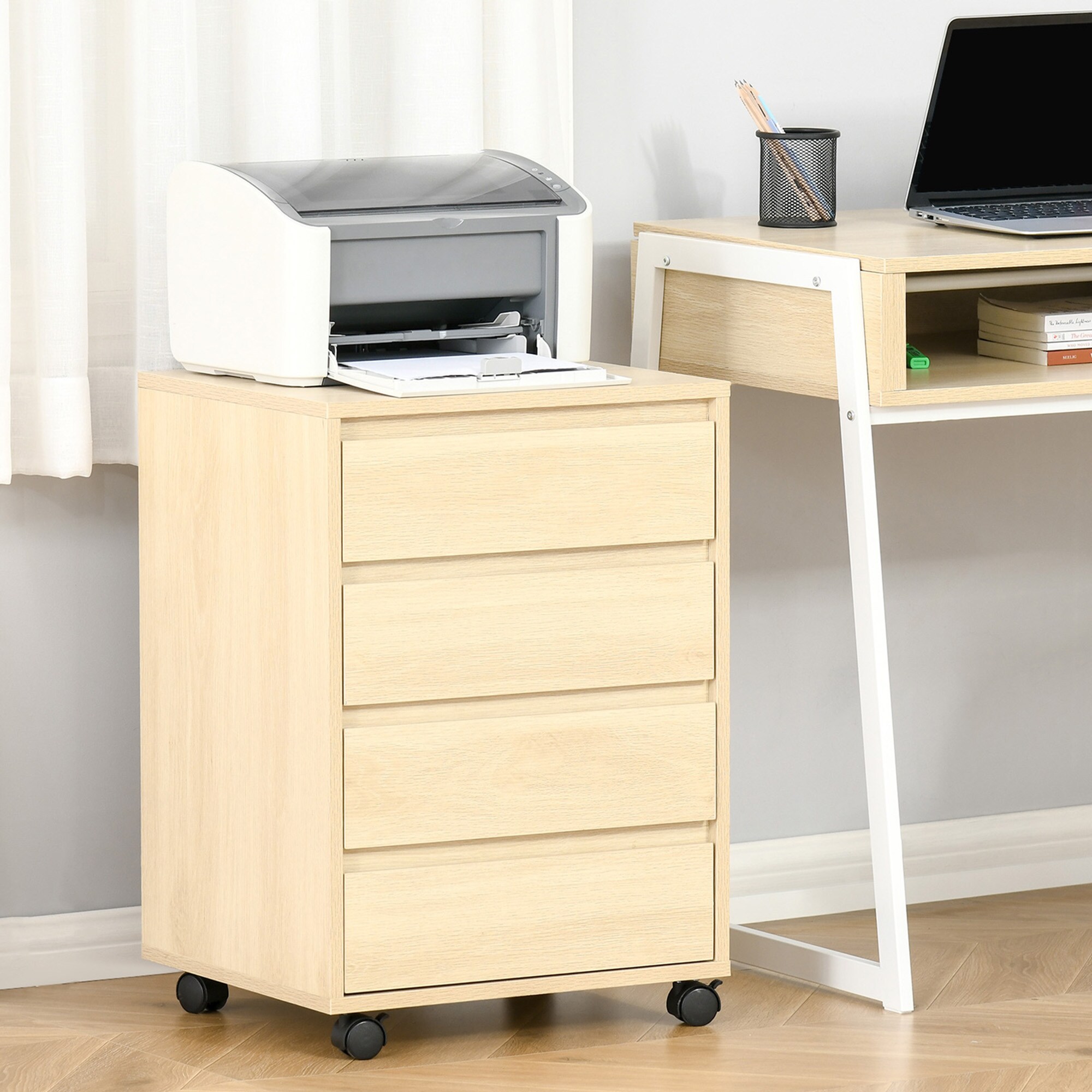 HOMCOM Aktenschrank mit 4 Schublade und Rollen natur 46L x 40B x 65H cm