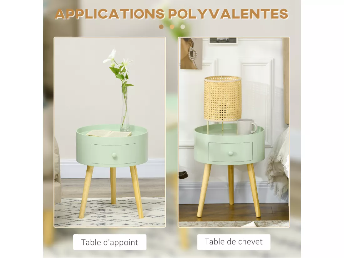 Chevet table de nuit ronde design scandinave tiroir bicolore pieds effilés inclinés bois massif chêne clair vert