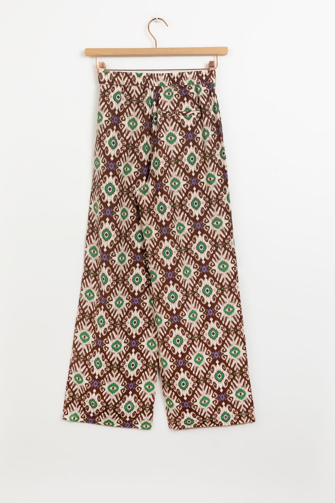 Donkerbruine wide leg broek met ikat print