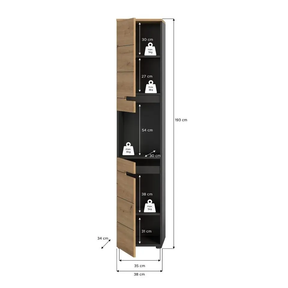 Hioshop Canu kolomkast 2 deuren- 1 plank eiken decor- grijs