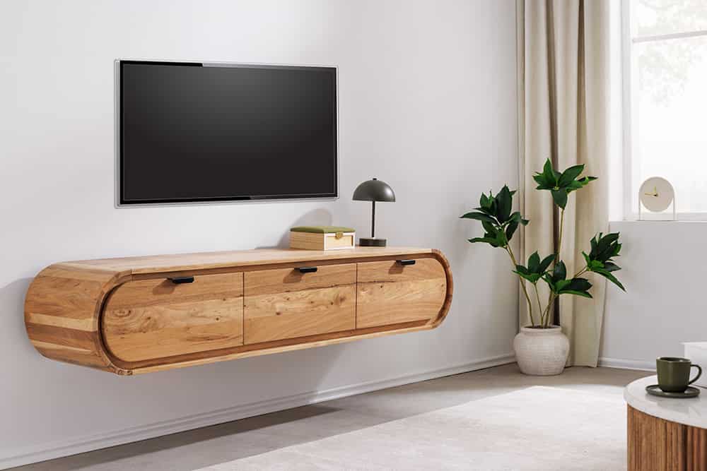 Hängendes TV-Board ORGANIC 160cm natur Akazienholz massiv handmade mit Schubladen