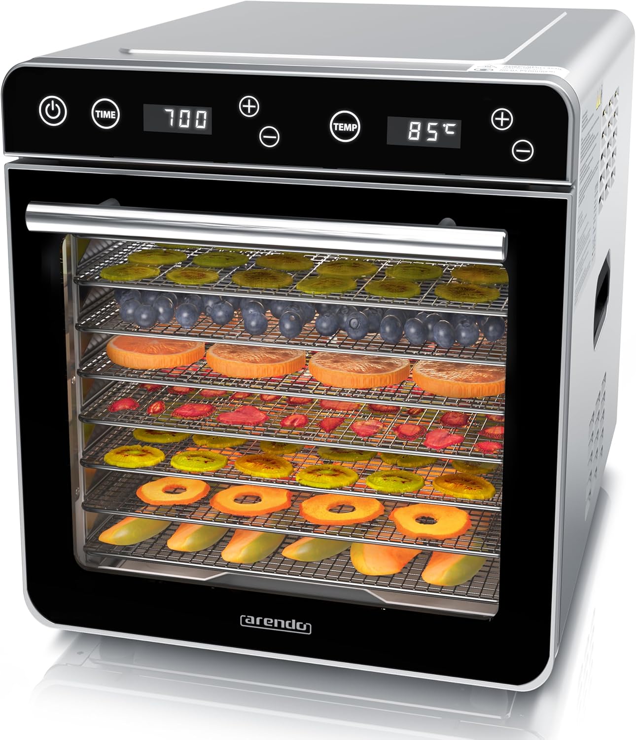 Arendo - Dörrautomat Edelstahl mit 8 Edelstahlgitter - 700 W - 35°-85°C - 8 Edelstahl Einlegetabletts mit insgesamt 6700 cm² - Dörrgerät Dehydrator Obsttrockner Dörrapparat - Obst Fleisch Pilze uvm