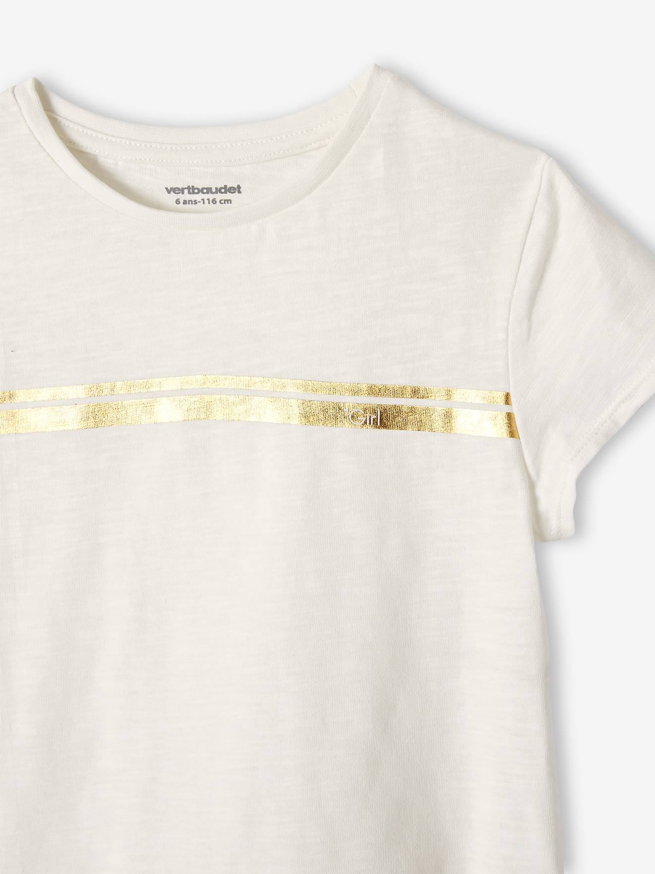 Camiseta esportiva listrada iridescente para meninas, lisa, branca clara com estampas.