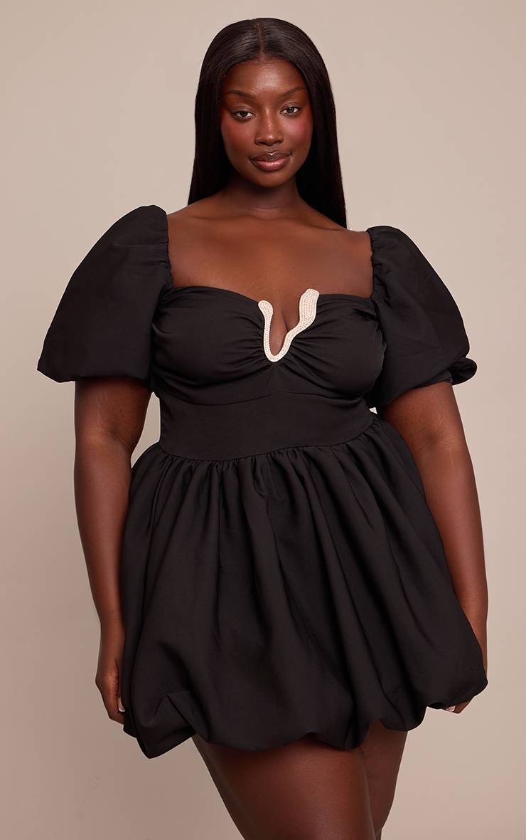 Noir Robe Mini Bouffante Tissée Avec Ornements De Strass Grande Taille