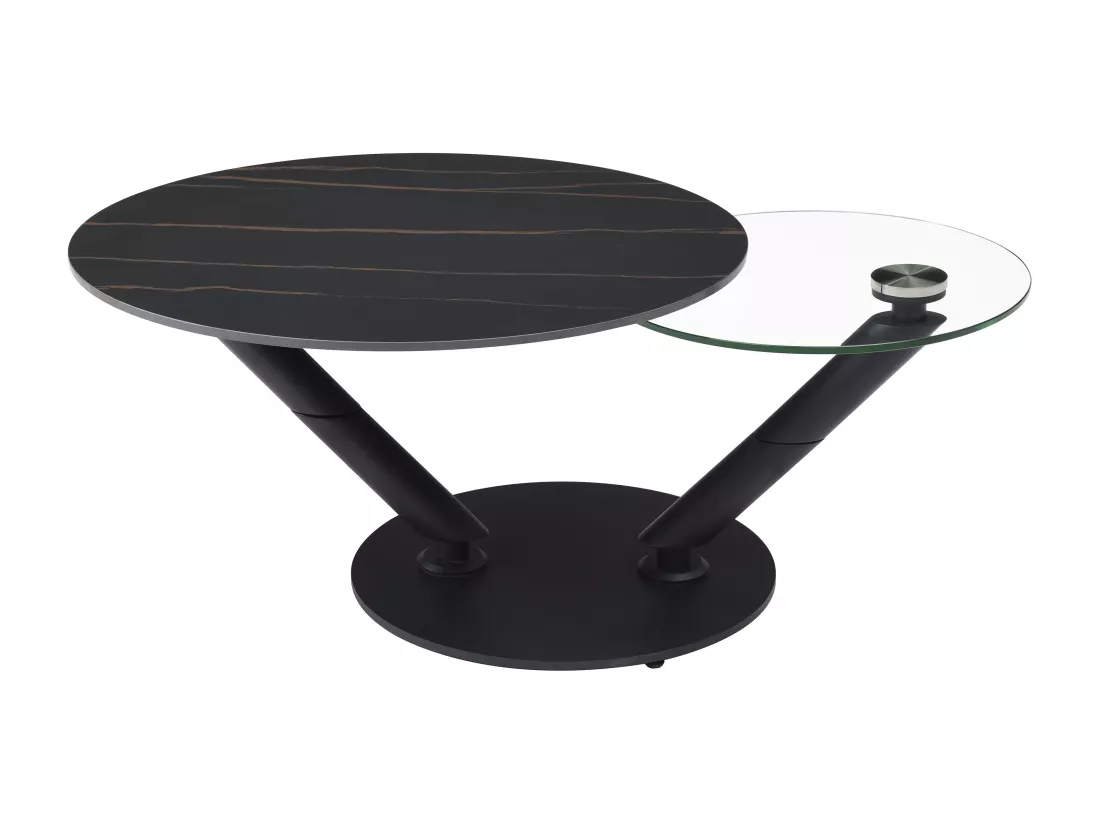Table basse avec plateaux pivotants en céramique, verre trempé et métal - Effet marbre noir - ELDOVA