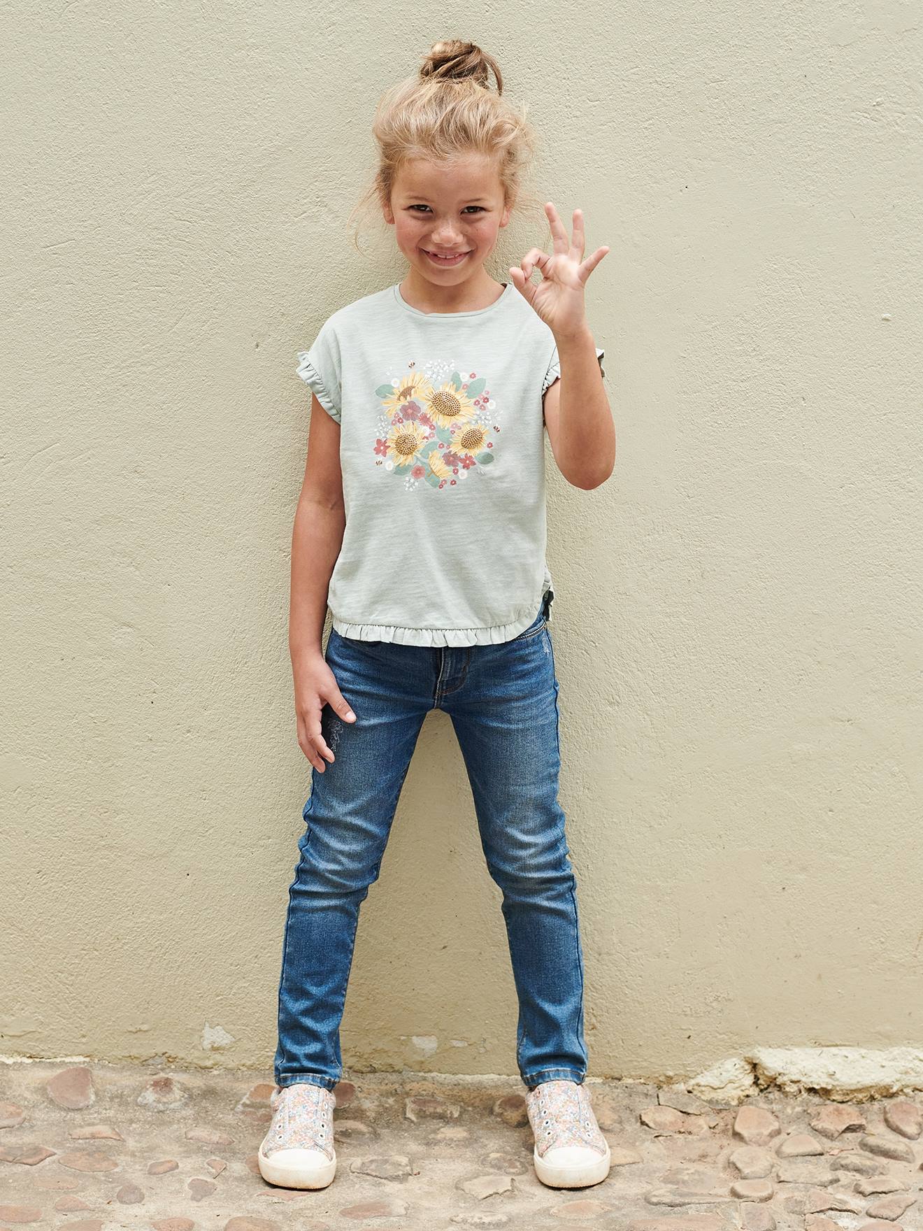 Camiseta com babados e aplicações de lantejoulas, para menina, na cor rosa antigo.