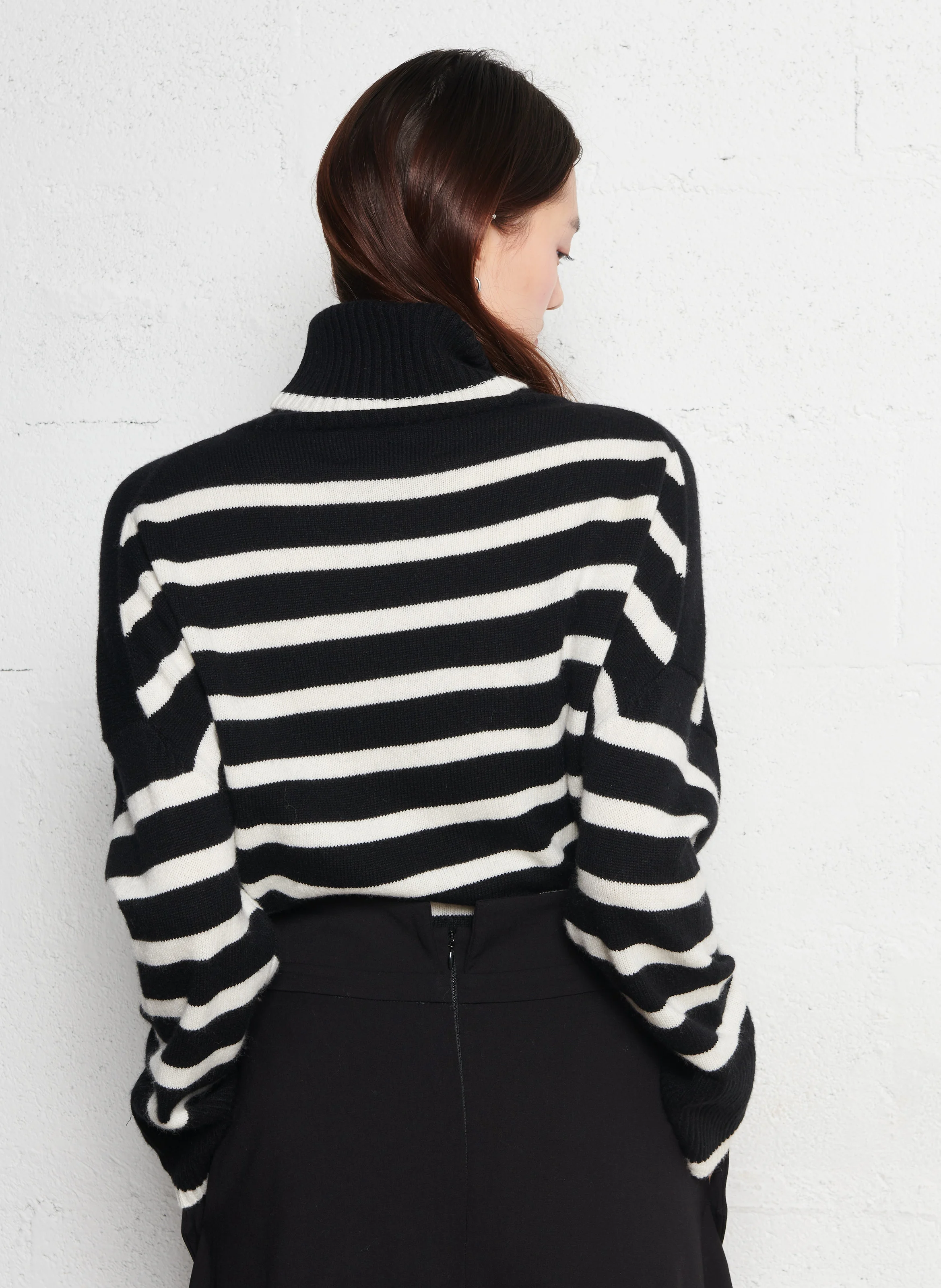 ANNIE - Pull col roulé rayé en laine mélangé| Blanc