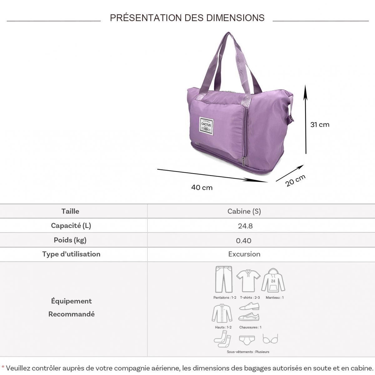 Cactus Sac de voyage week-end 24L pliable et extensible déperlant Cactus sans roulettes