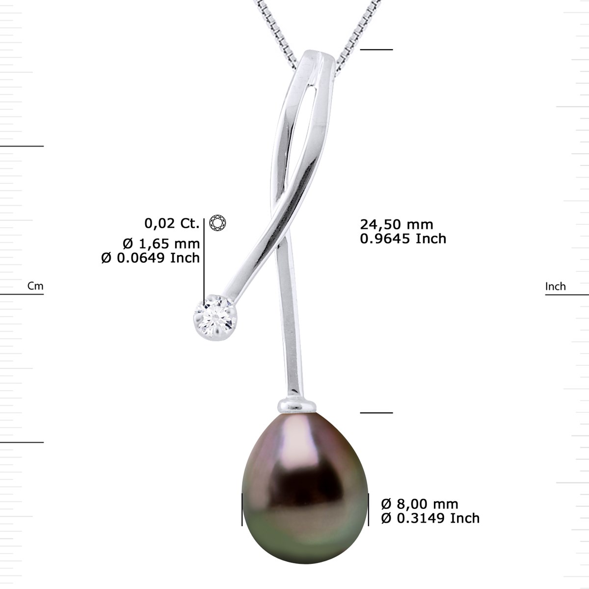 Pendentif Diamants 0,020 Cts Perle de Culture de TAHITI Poire 8-9 mm Or Blanc