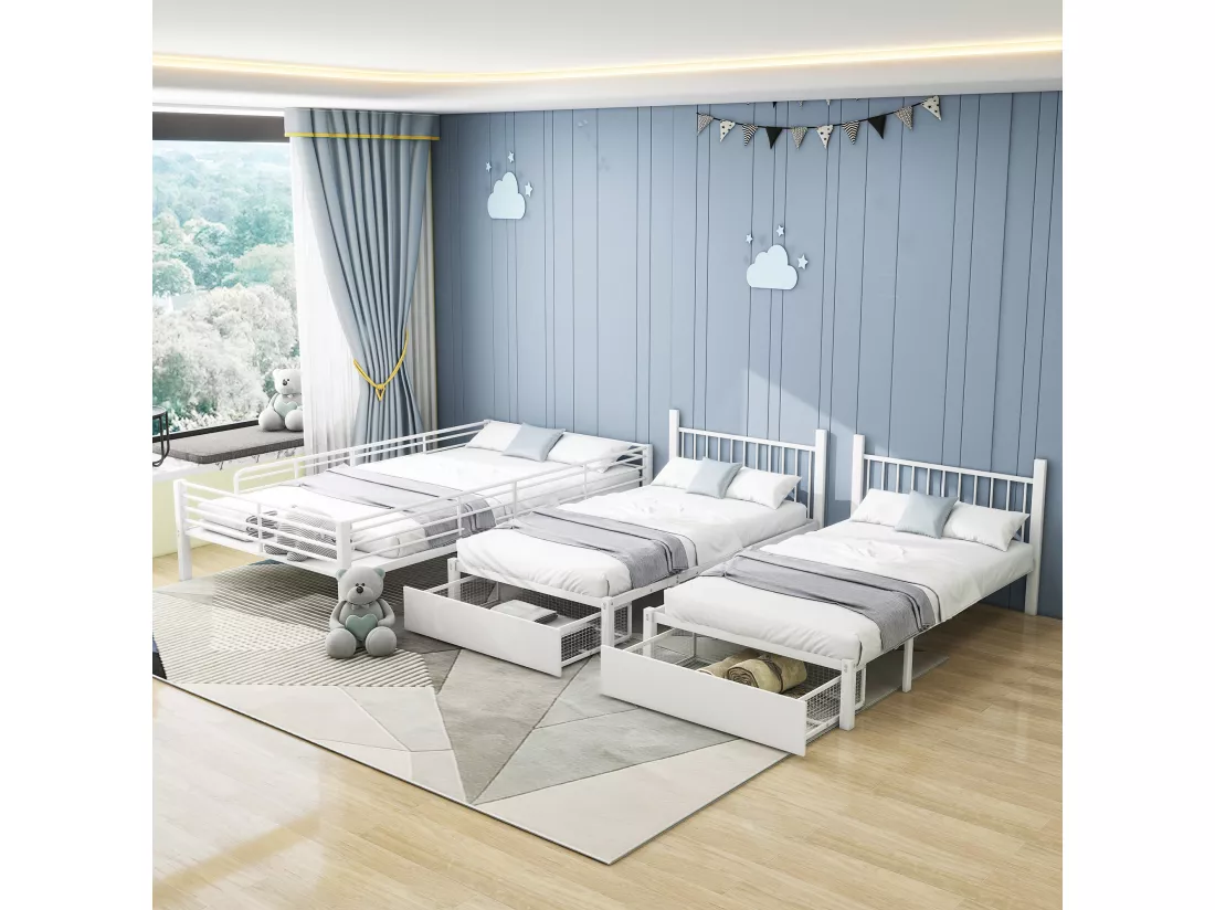 Blanc triple lit superposé avec tiroirs, cadre de lit en métal, convertible en lit double 140 x 200 et deux lits simples 90 x 200
