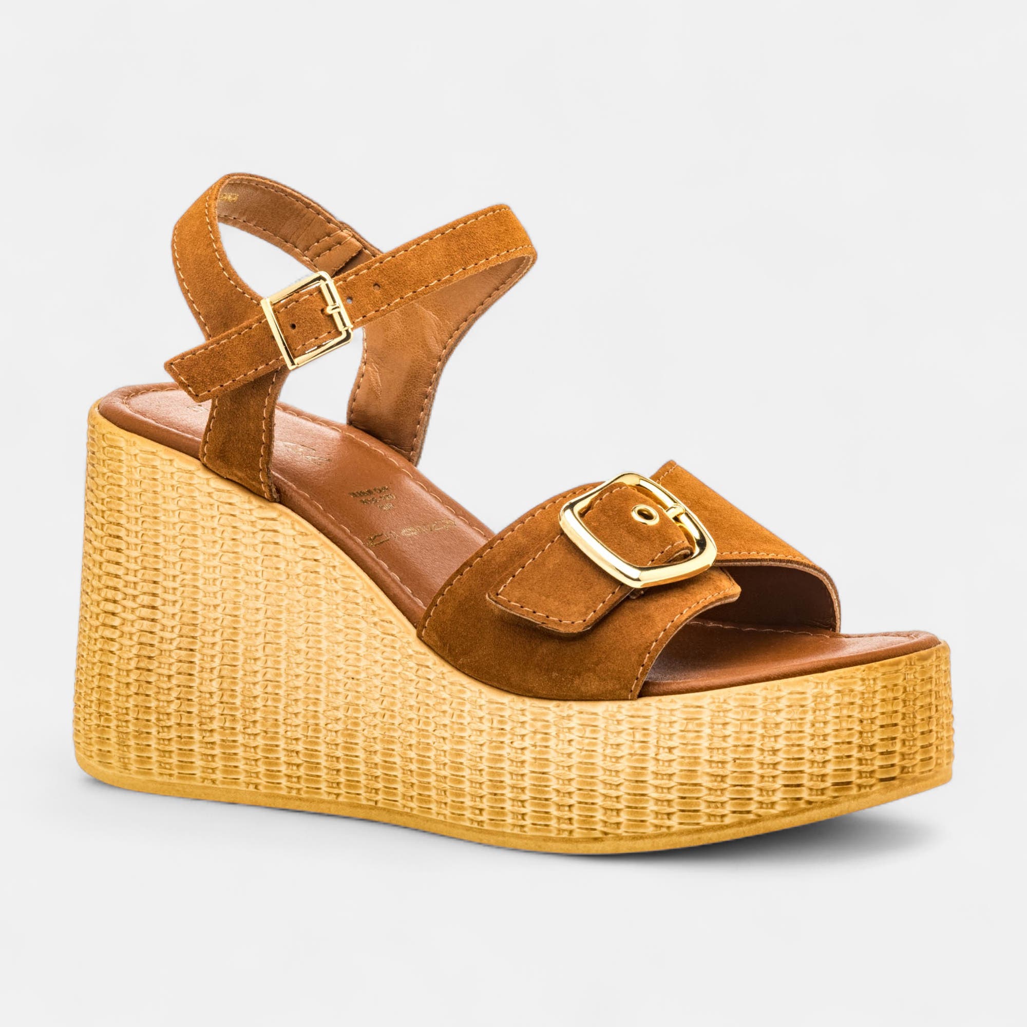 Nu-pieds à talon compensé Femme en cuir cognac