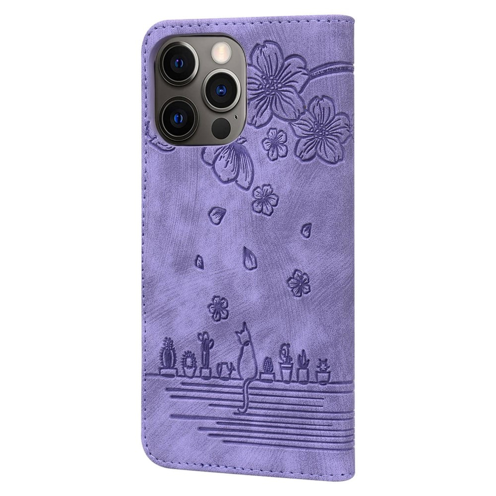 iPhone 13 Pro Leder Tasche Flip Cover Katze & Blumen Imprint - Lila