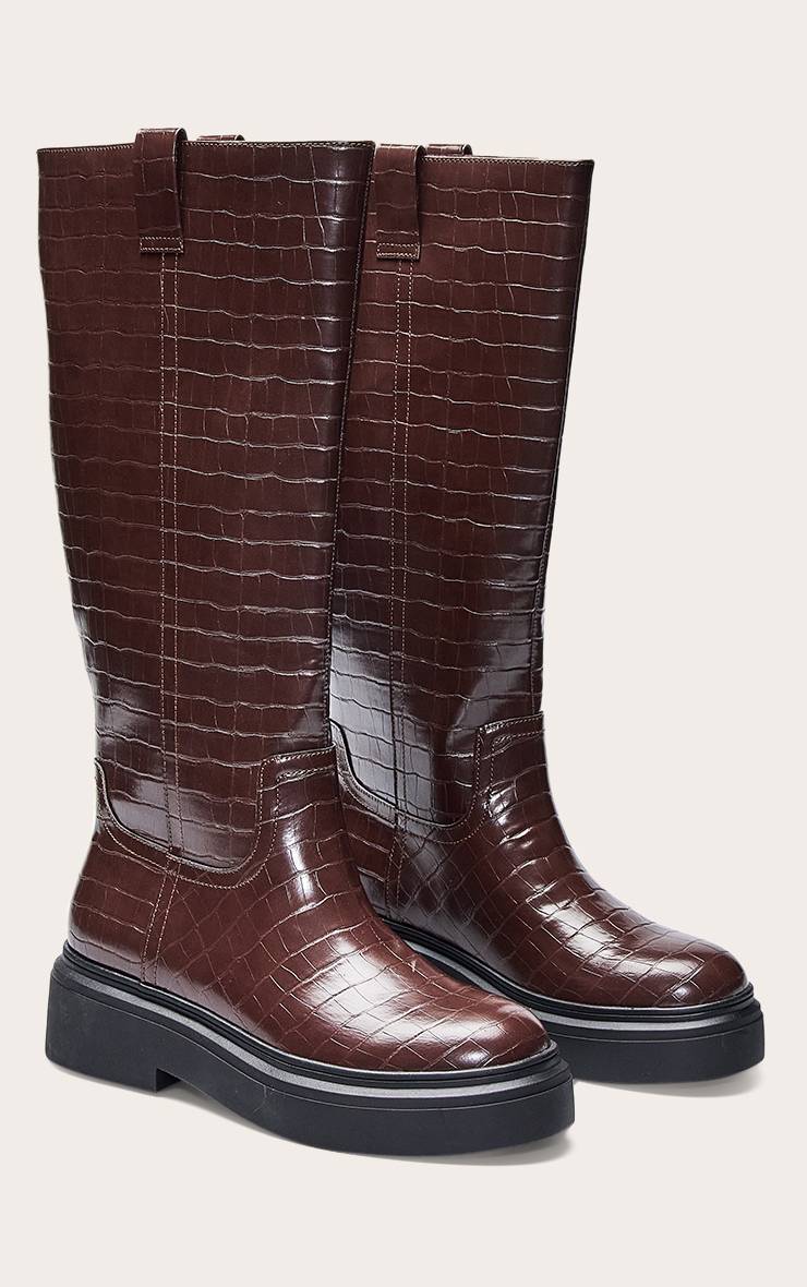 Chocolat Botte Montante Droite À Talon Épais Effet Croco
