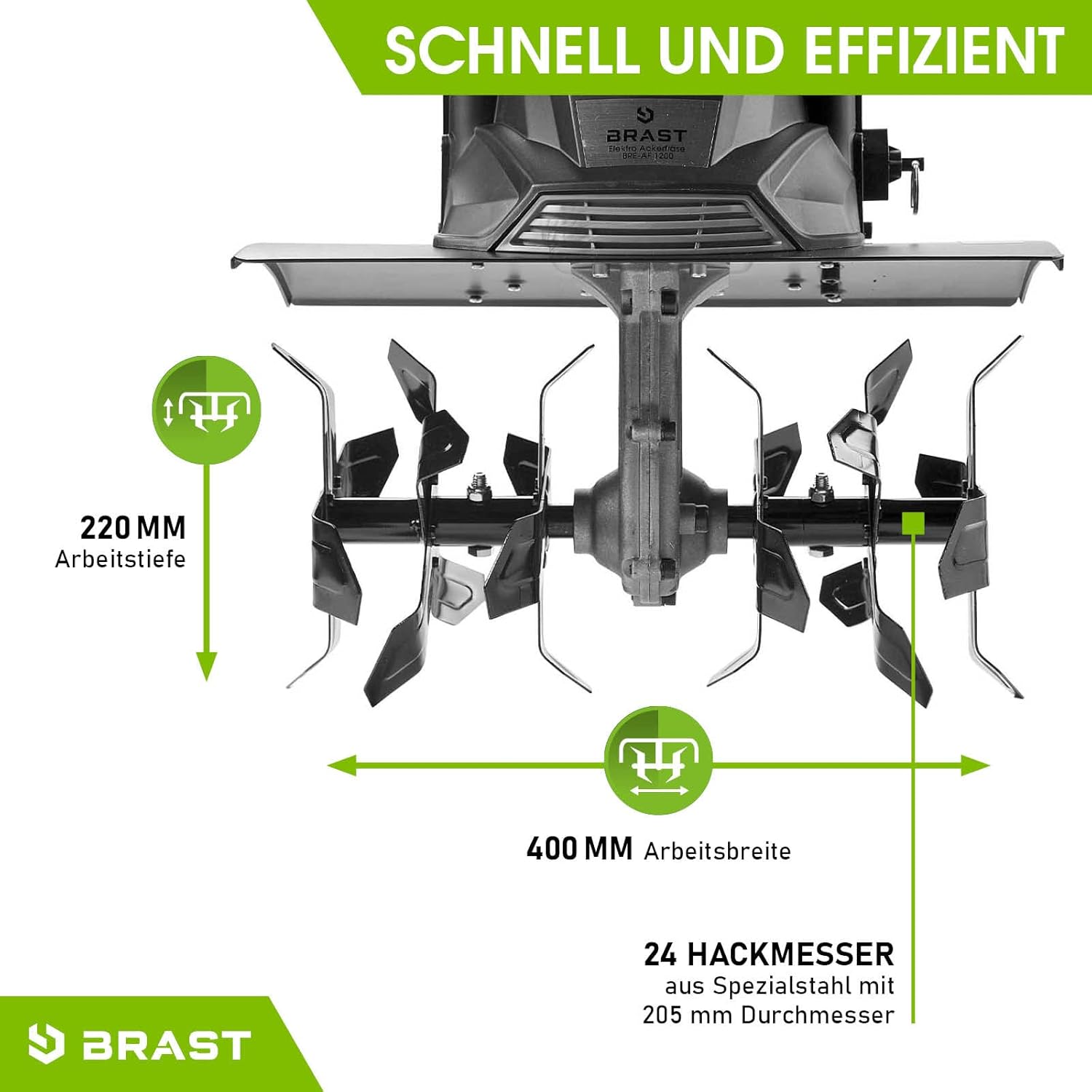 BRAST Motorhacke Gartenfräse Elektro | 1050-1800 Watt | 36-45cm Arbeitsbreite | 4 Modelle | Schutzblech Antiblockierkupplung & Sicherheitsschalter | für kleine bis große Grundstücke | BRE-AF 1200