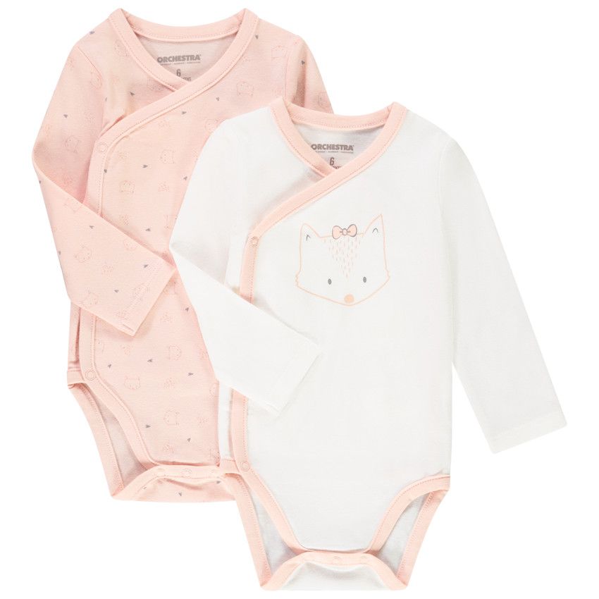 Lot de 2 bodies manches longues imprimé renard pour bébé fille - Ecru