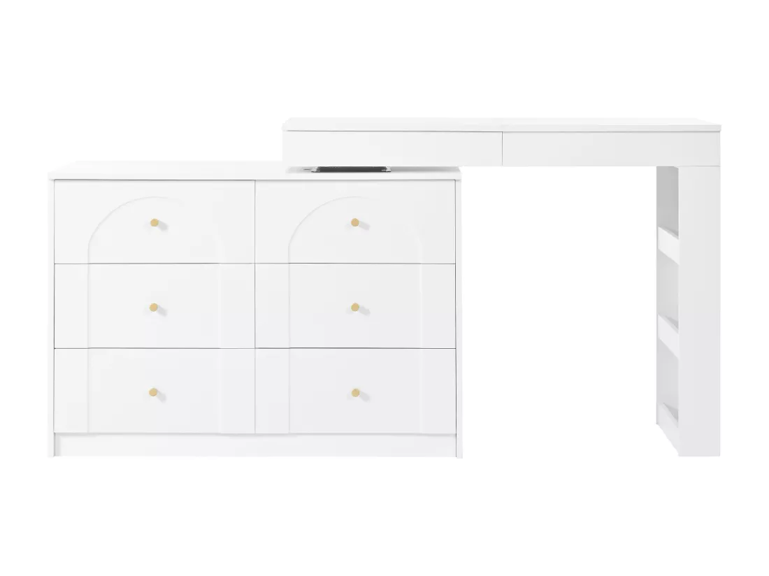 Coiffeuse avec 7 tiroirs, étagères ouvertes et miroir pliable - 105 x 40 x 80 cm - LEDs - Panneau de particules - Blanc