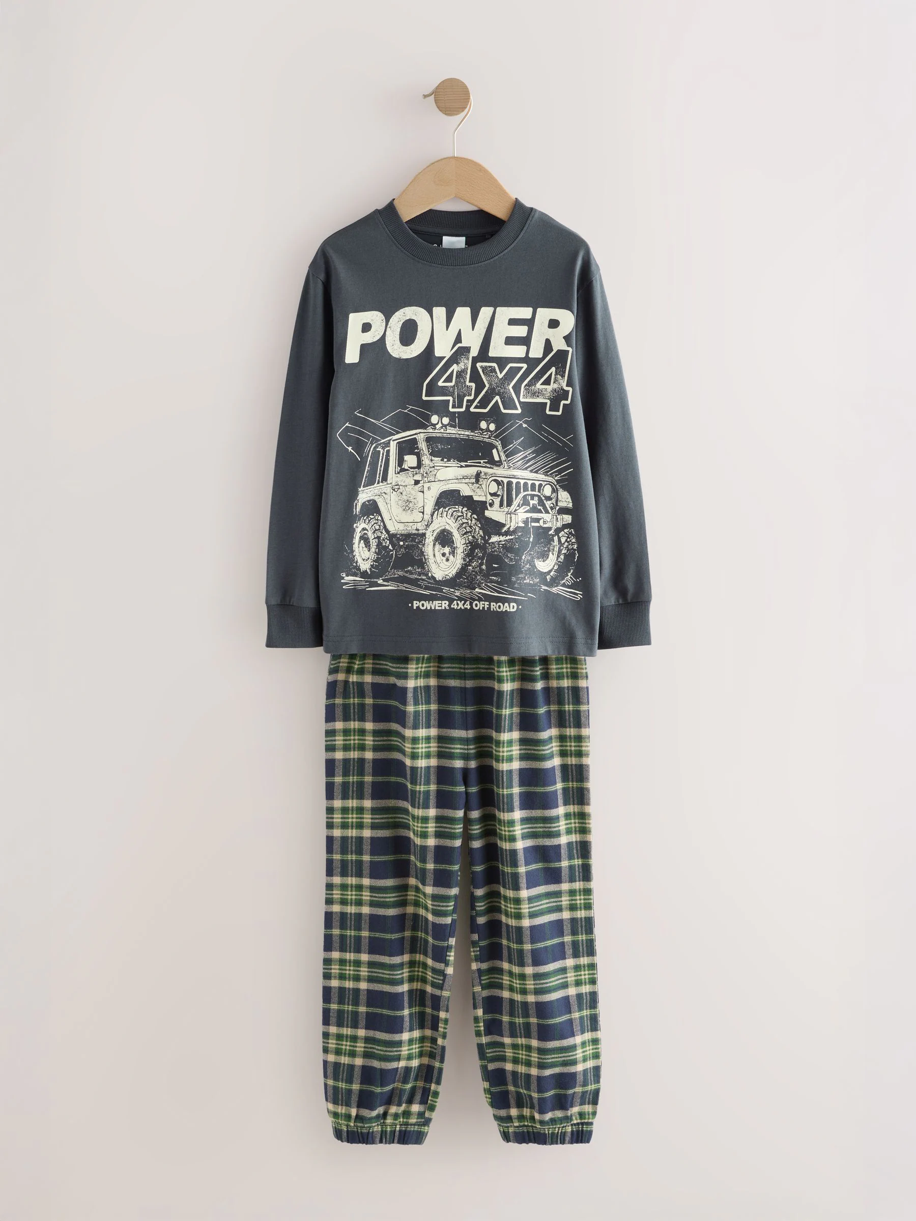 Blauw/groen voertuig - Set van 2 geweven geruite pyjama's met lange mouwen (3-16jr)