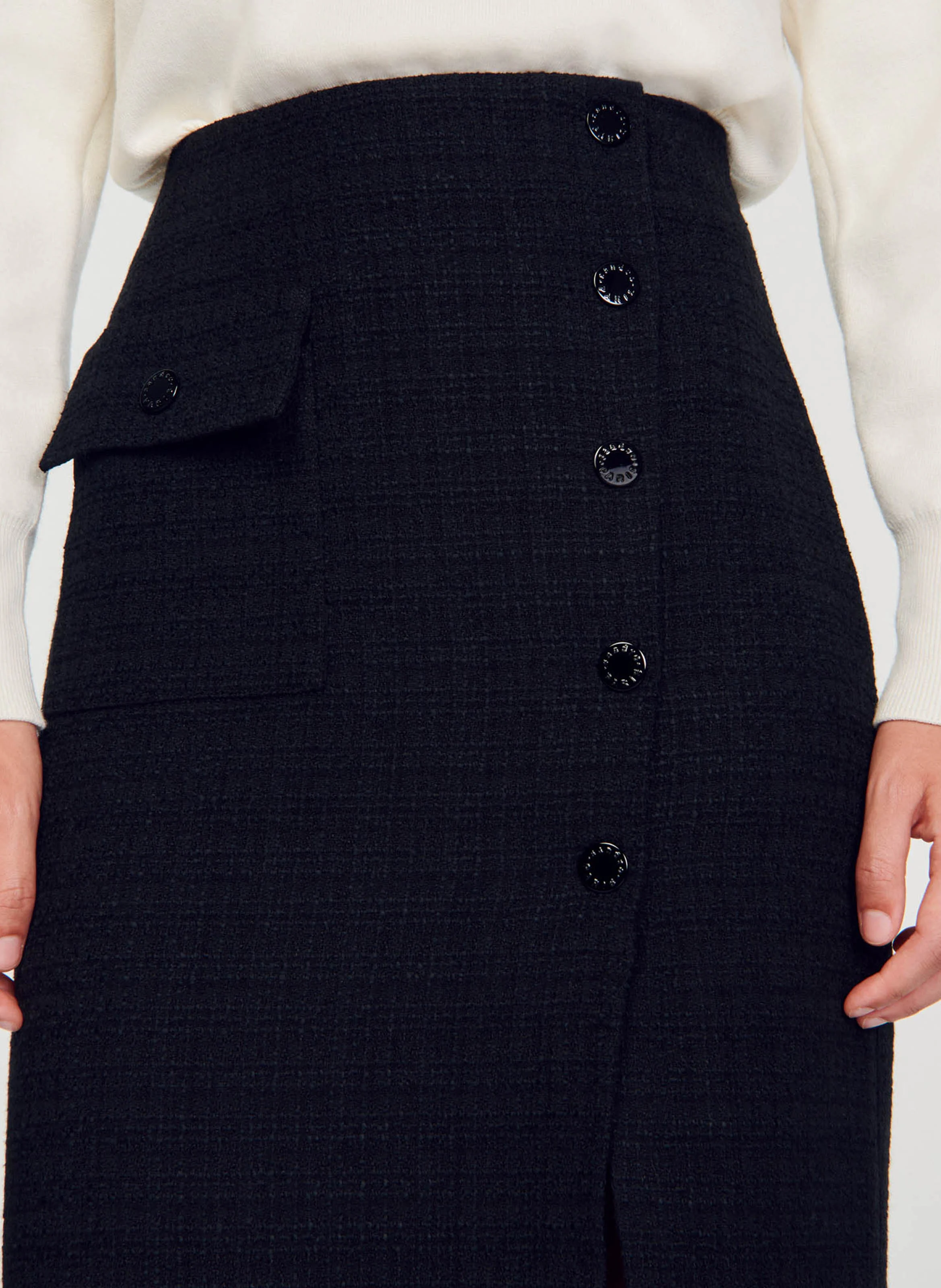Jupe en tweed mi longue en coton mélangé | Noir