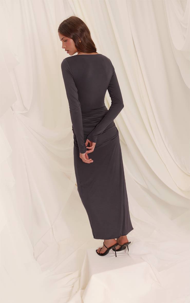 Charbon Robe Longue Drapée À Encolure Bateau En Tissu Doux Au Toucher