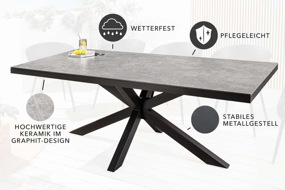 In- und Outdoor Esstisch GALAXIE 160cm hellgrau Keramik anthrazit Aluminium
