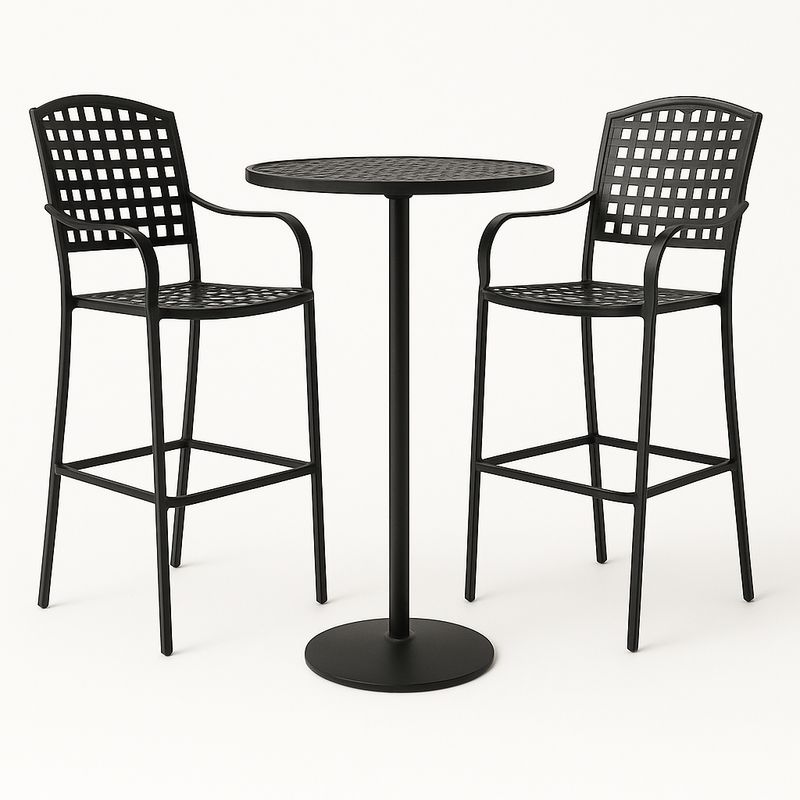 Schwarzes Bar-Set aus Metall mit Tisch und 2 Stühlen, Tisch Ø70 cm