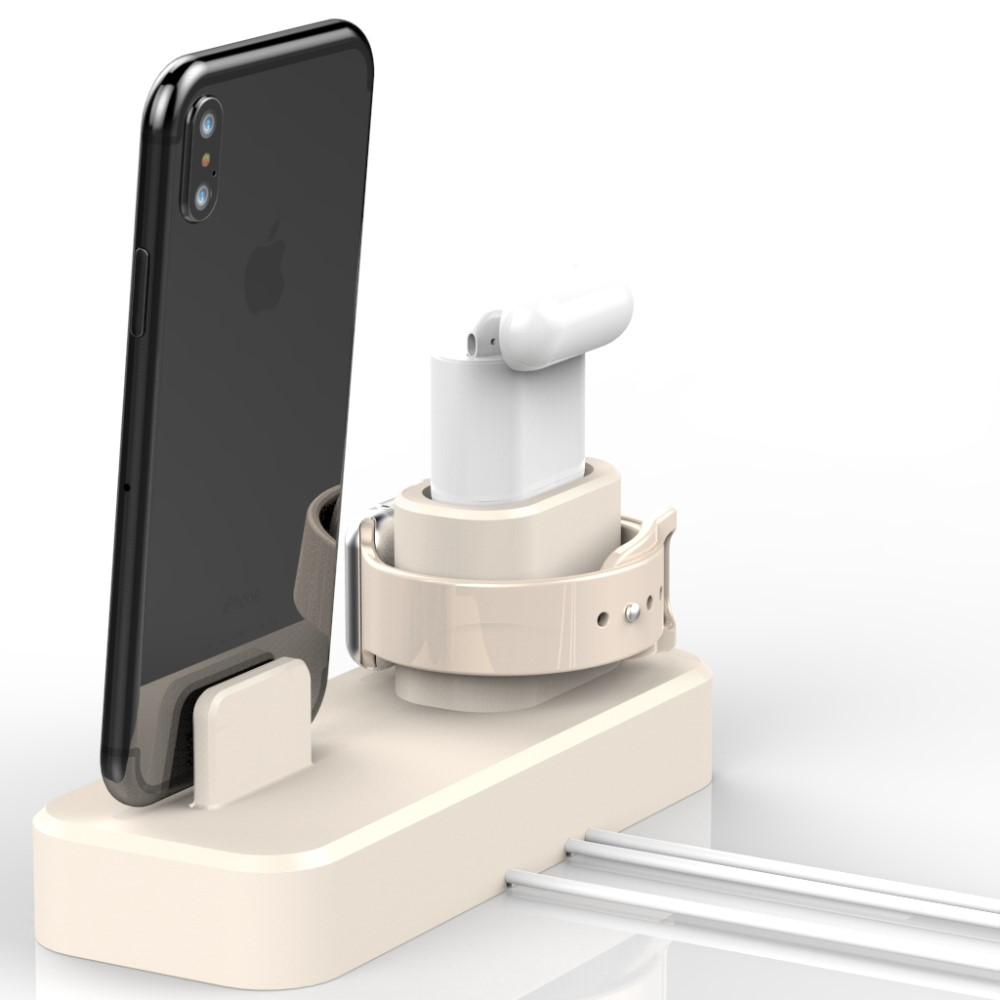 3in1 Silikon Ladeständer Charger Base Kabel Halterung für iPhone / AirPods / Apple Watch - Beige