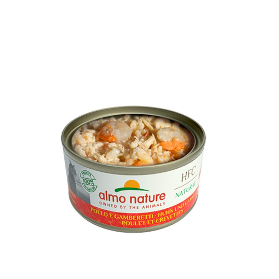 Almo Nature HFC, lata de 70g com sabor de frango e camarão para gatos.