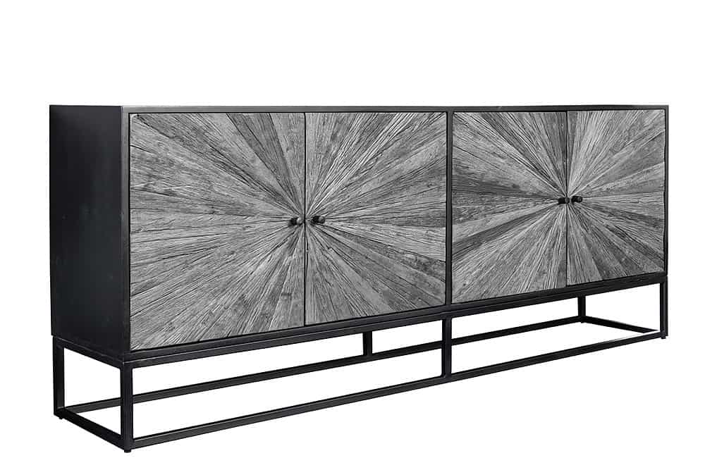 Massives Sideboard BARRACUDA 180cm grau Mangoholz mit Teakholz-Front schwarz Metall