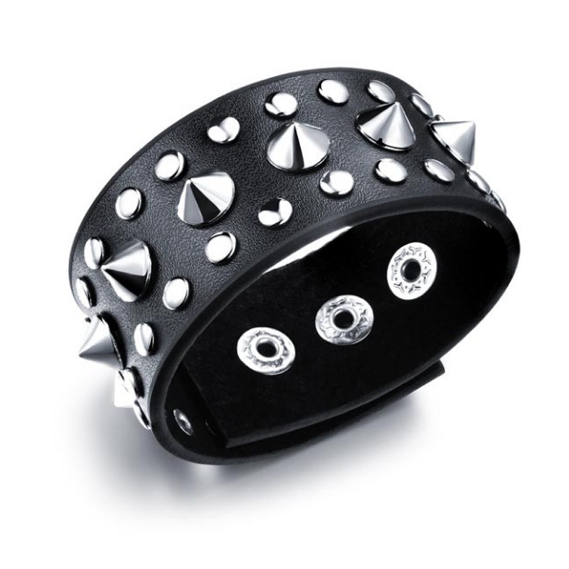 Bracelet Homme Punk en Cuir noir et acier Inoxydable