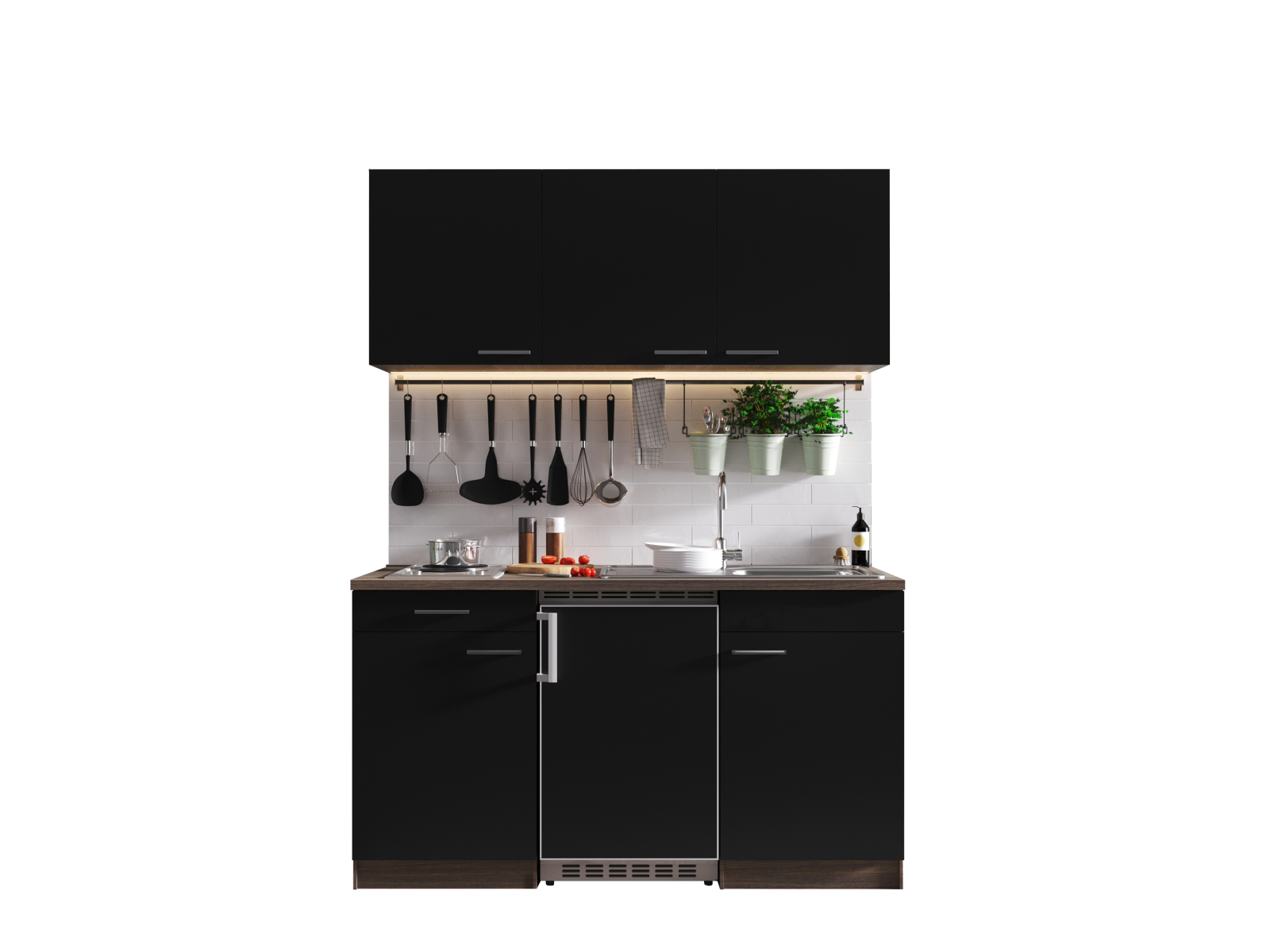 RESPEKTA Singleküche OLIVER - schwarz - Eiche York - mit E-Geräten - 150 cm
