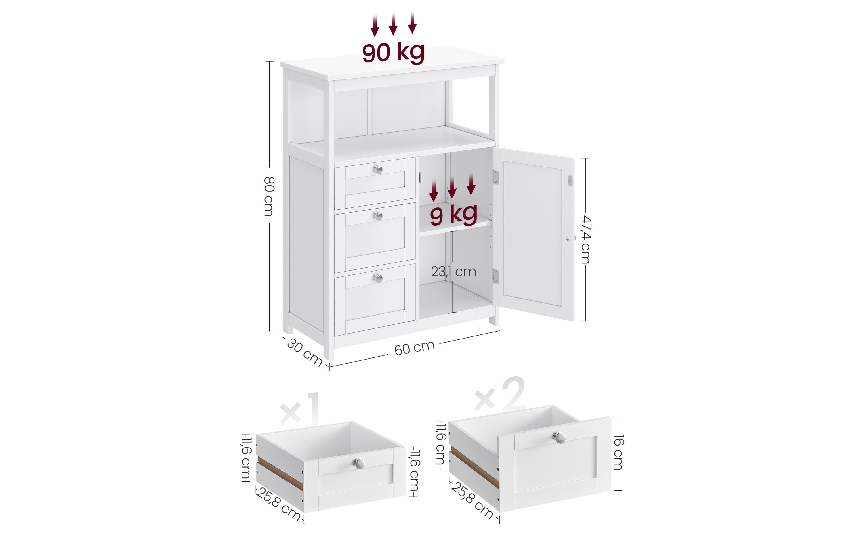 Kommode Floor Cabinet, MDF, 60 x 80 cm, Weiss<br>Badezimmerschrank mit drei Schubladen