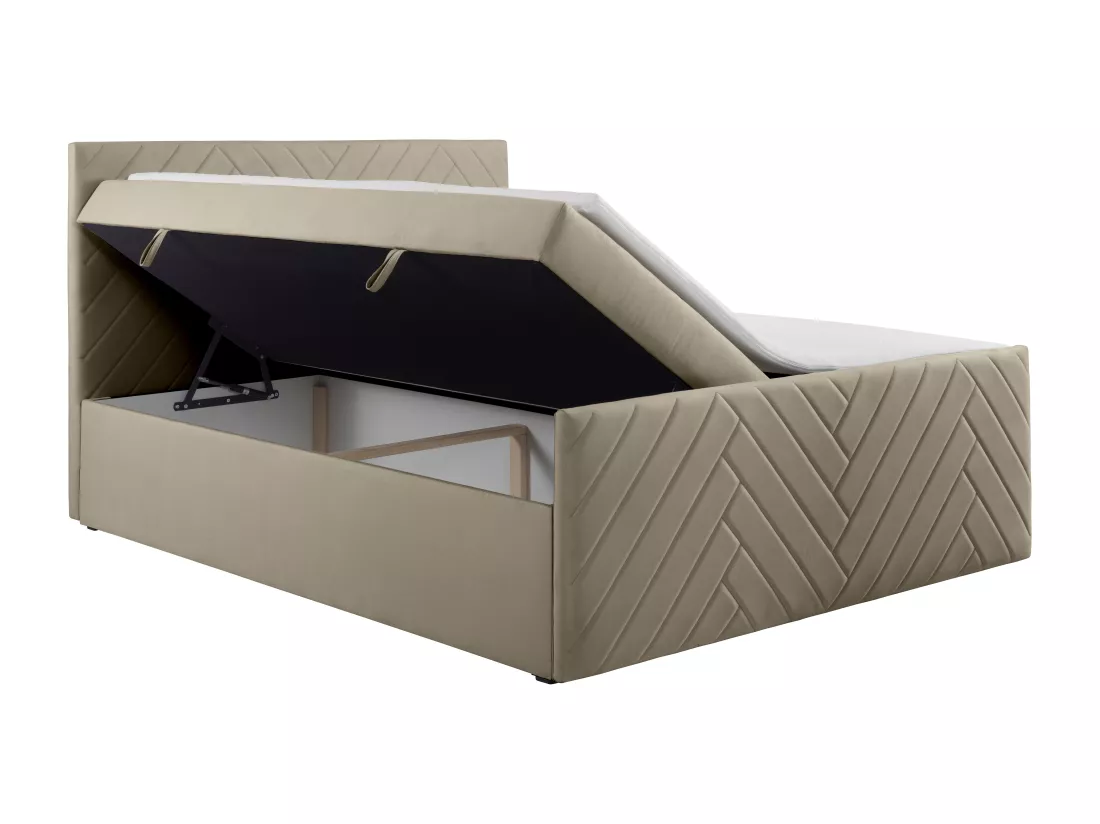 Ensemble complet literie déco tête de lit + sommiers coffre + matelas + surmatelas - 160 x 200 cm - Velours - Taupe - MAKANA de YSMÉE