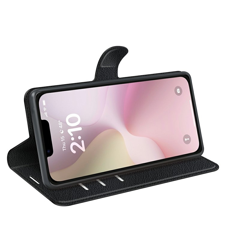 iPhone 16e Leder Tasche Flip Cover Litchi Look - Schwarz
