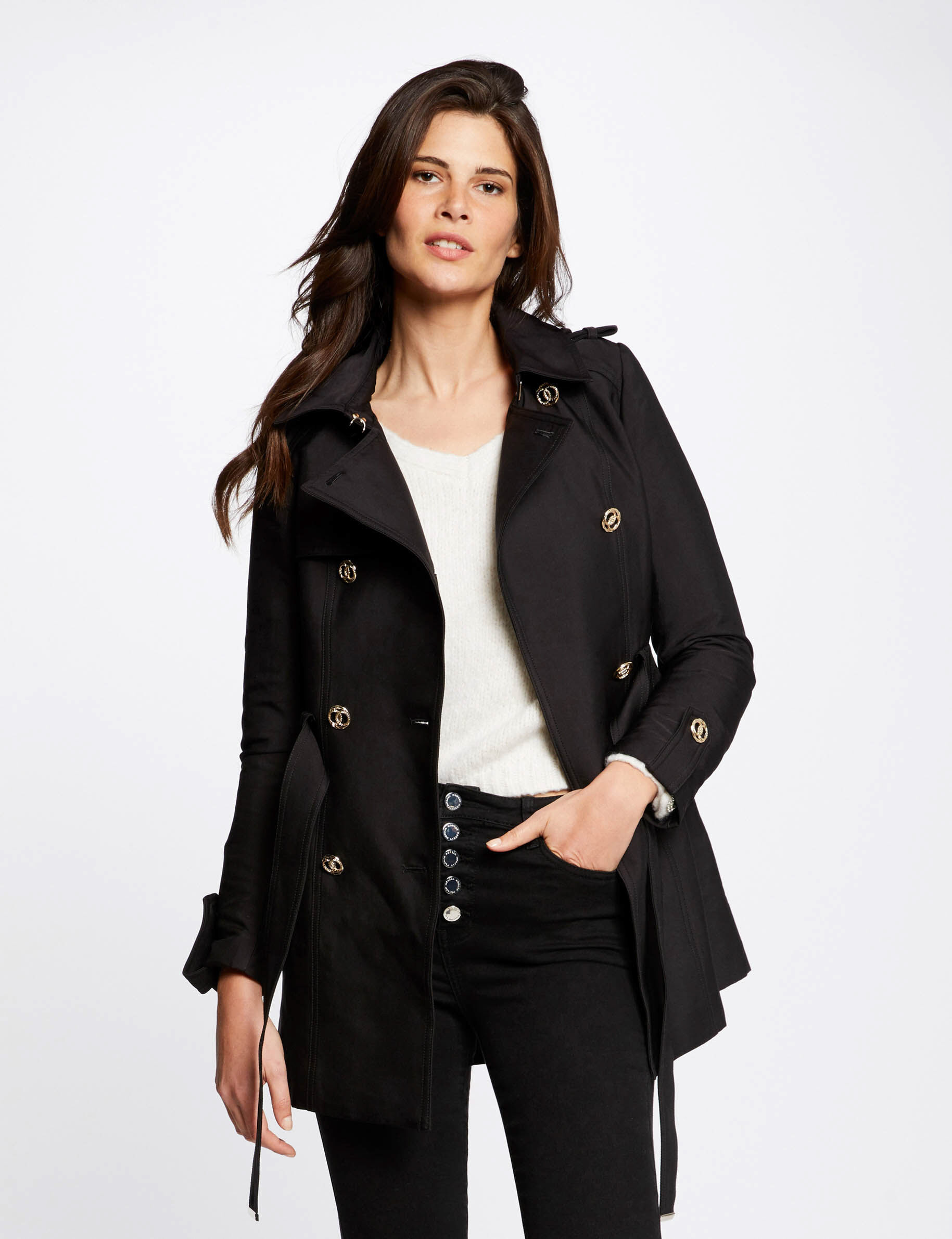 Trench droit ceinturé à capuche noir femme - noir