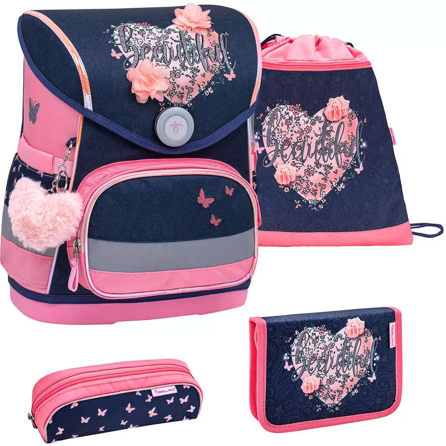 Belmil Schulranzen Compact Schulranzen Set 4-teilig mit Brustgurt Beautiful Flowers