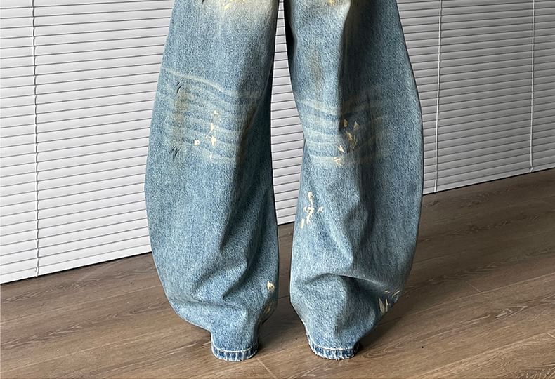 AXEN - Mid Rise Print Washed Wide Leg Jeans