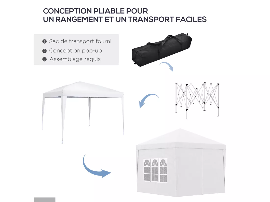 Tonnelle barnum pop-up pliant dim. 3L x 3l x 2,58H m 2 fenêtres sac transport acier Oxford blanc