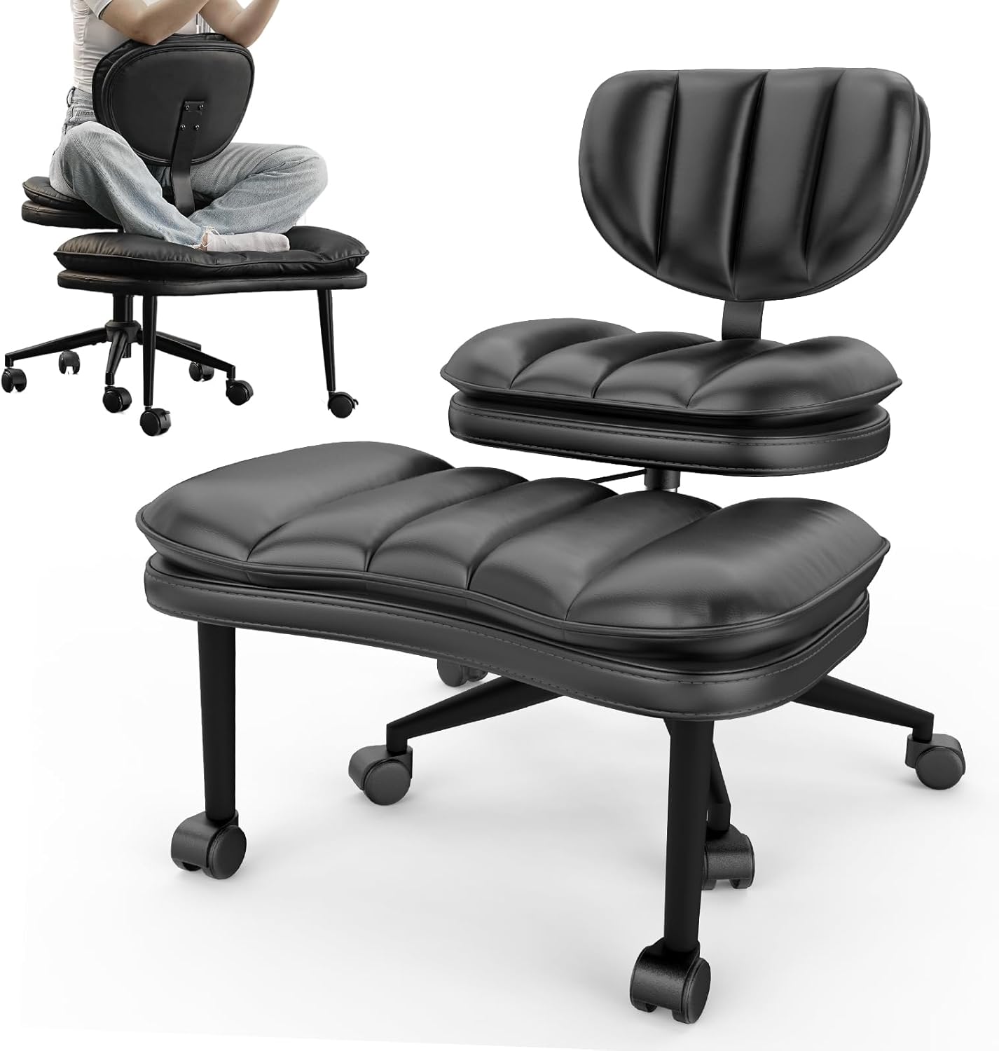 Bürostuhl mit Kreuzbeinen, ergonomischer Kniestuhl, Cloud Criss Cross Schreibtischstuhl, 360° drehbar, ADHD Meditationsstuhl mit Verstellbarer Höhe und Rückenstütze, Schwarz