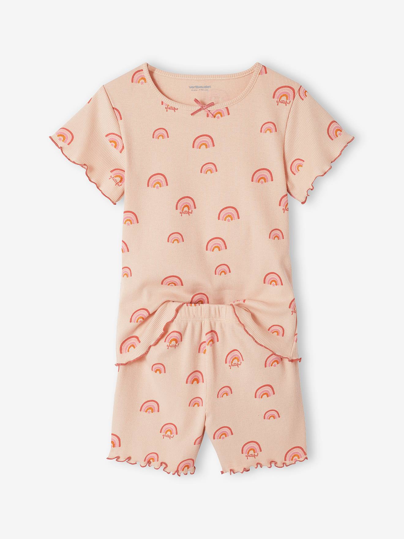 Conjunto de 2 pijamas de malha canelada com shorts para meninas, rosa claro.