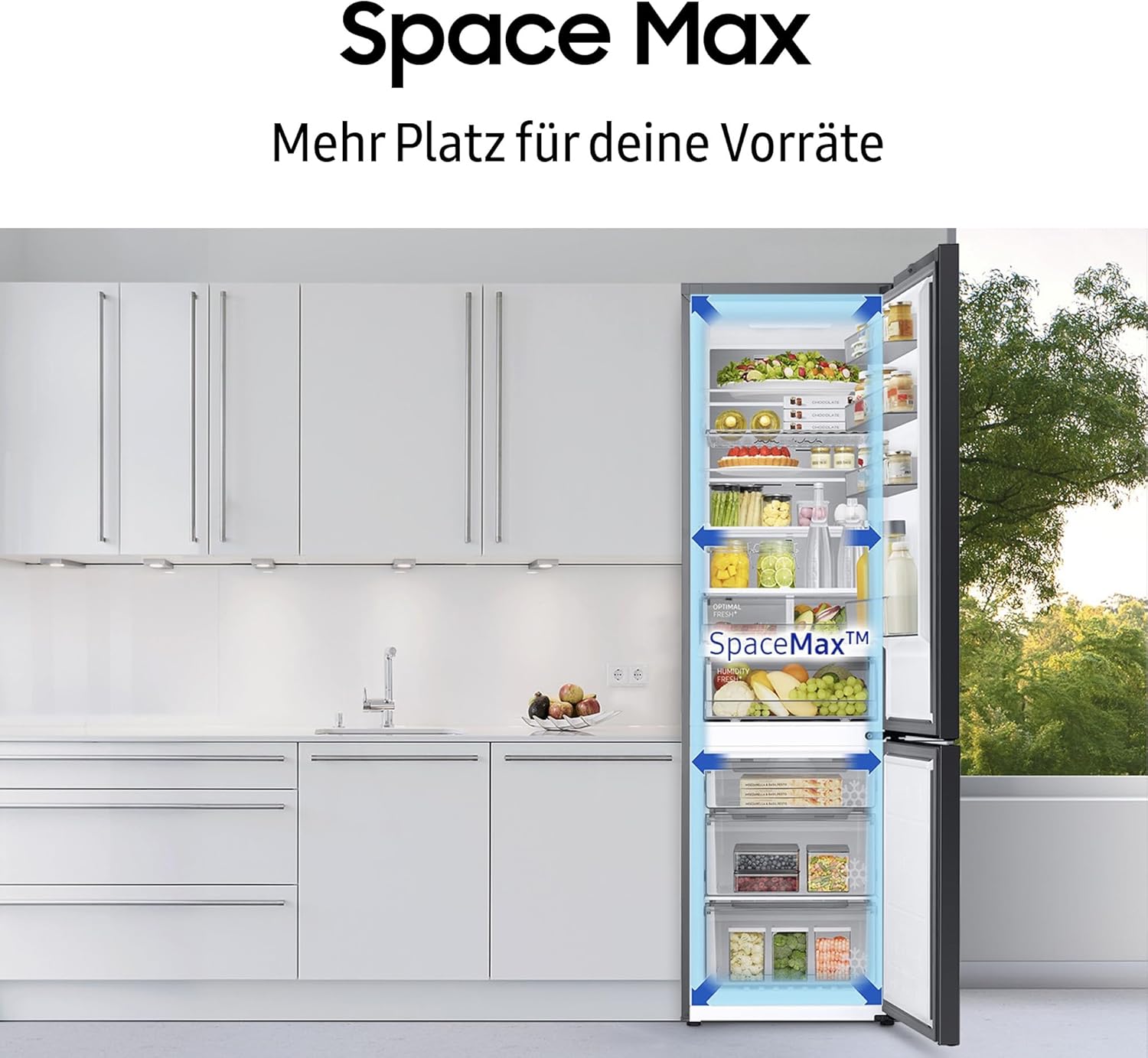 RB38C7B5AB1/EF Kühl-Gefrierkombination, 203 cm, 387 l, AI-Kühlschrank mit Gefrierfach, SmartThings AI Energy Mode, No Frost+, SpaceMax, Metal Cooling, Premium Black Steel