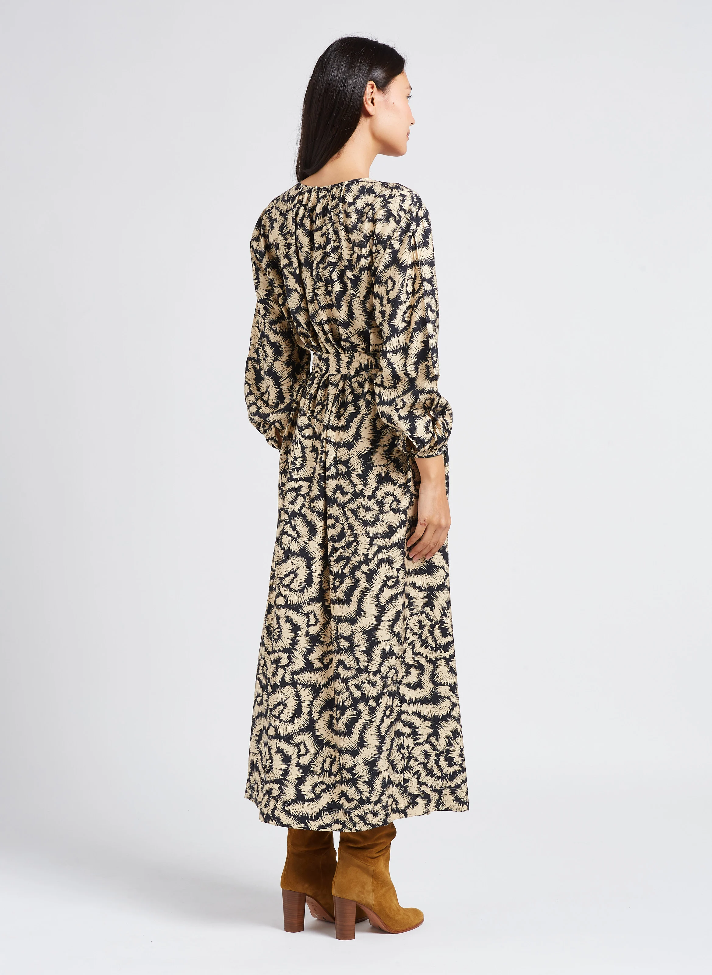 ANNA - Robe longue col rond imprimée| Noir