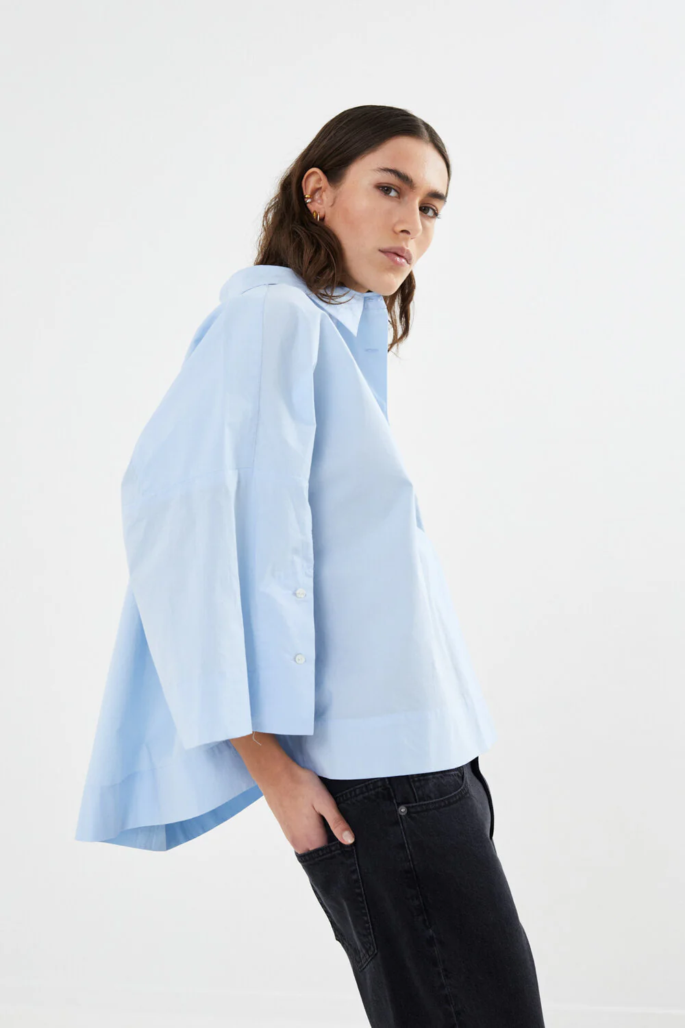 Rabens Saloner  Louisanna Poplin cropped skjorte - Light blue